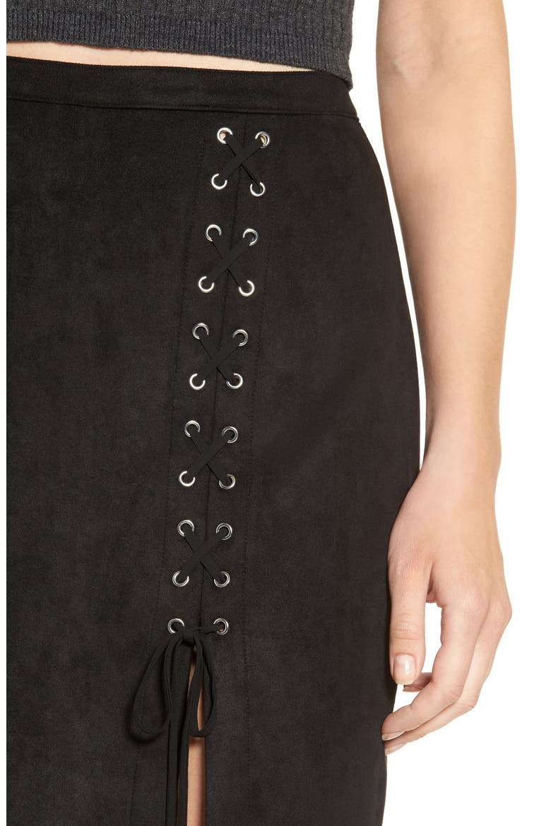 Lace-Up Faux Suede Miniskirt, Alternate, color, BLACK
