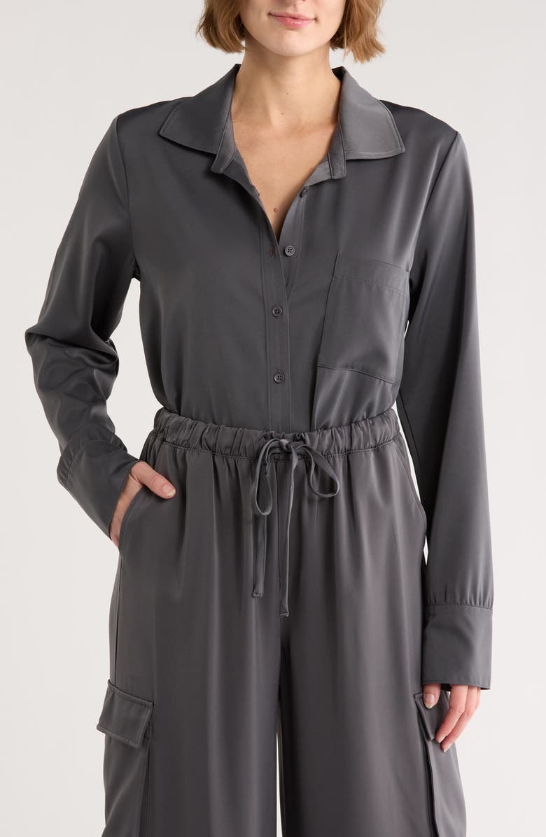 Splendid Satin Button-Up Shirt, Main, color, Lead Grey