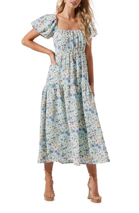 Puff Sleeve Floral Cotton Midi Dress