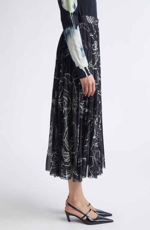 Jason Wu Collection Pleated Scribble Floral Chiffon Midi Skirt In Black