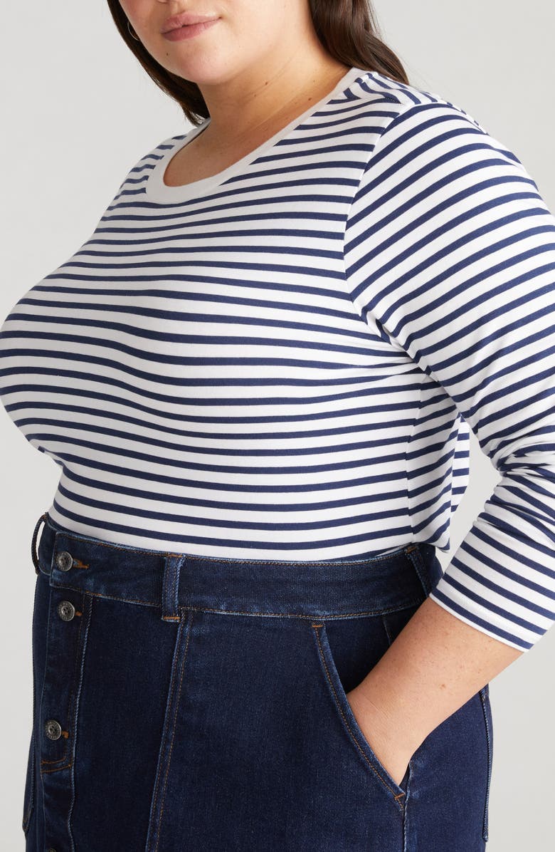 Universal Standard Rex Stripe Long Sleeve T-Shirt, Alternate, color, White/ Cenote Blue