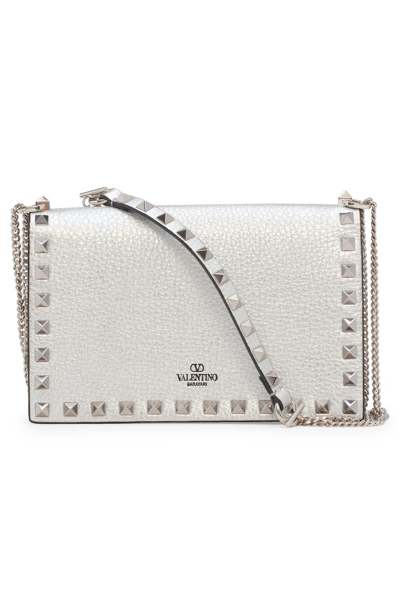 Valentino Garavani Rockstud Leather Pouch Wallet on a Chain, Alternate, color, 
