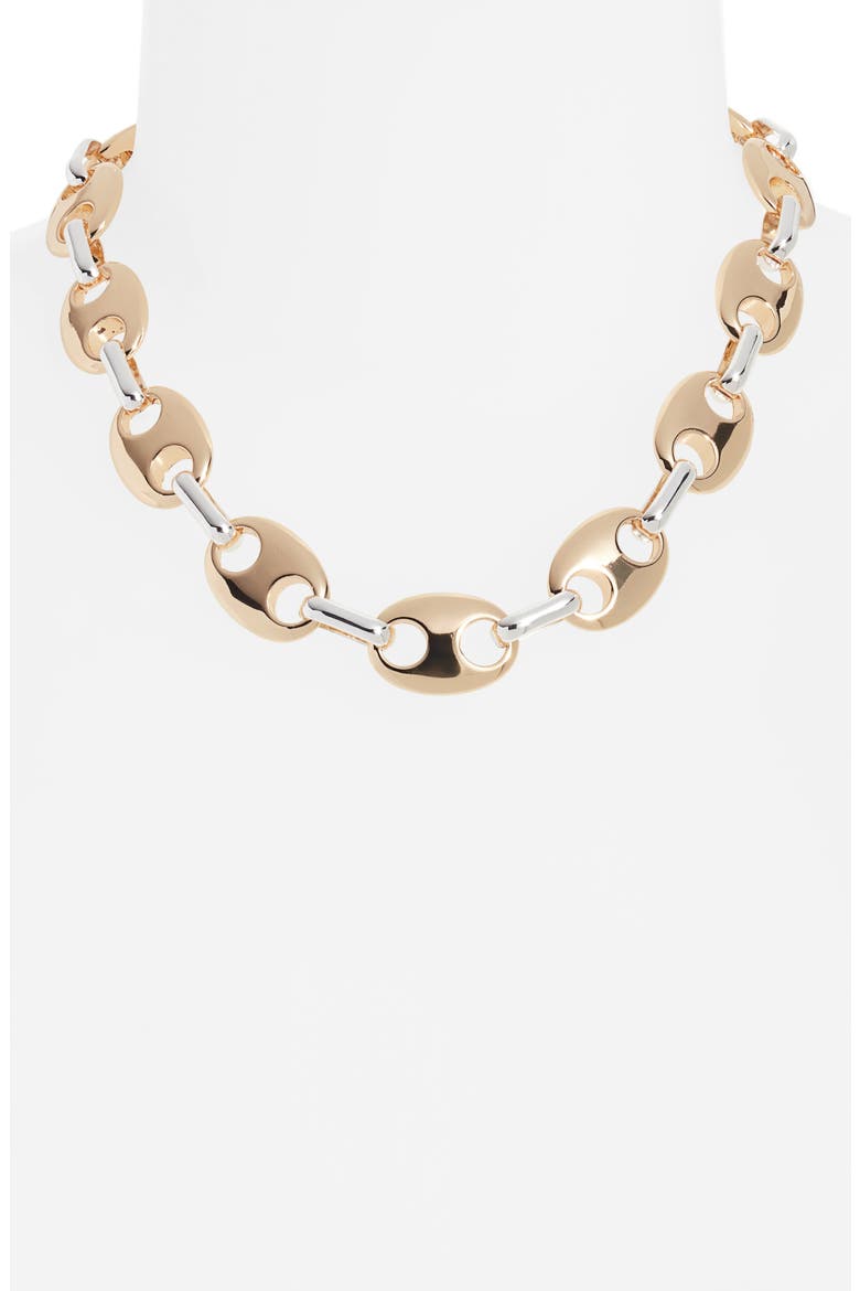 Two Tone Puffy Mariner Link Necklace, Alternate, color, SILVER- GOLD