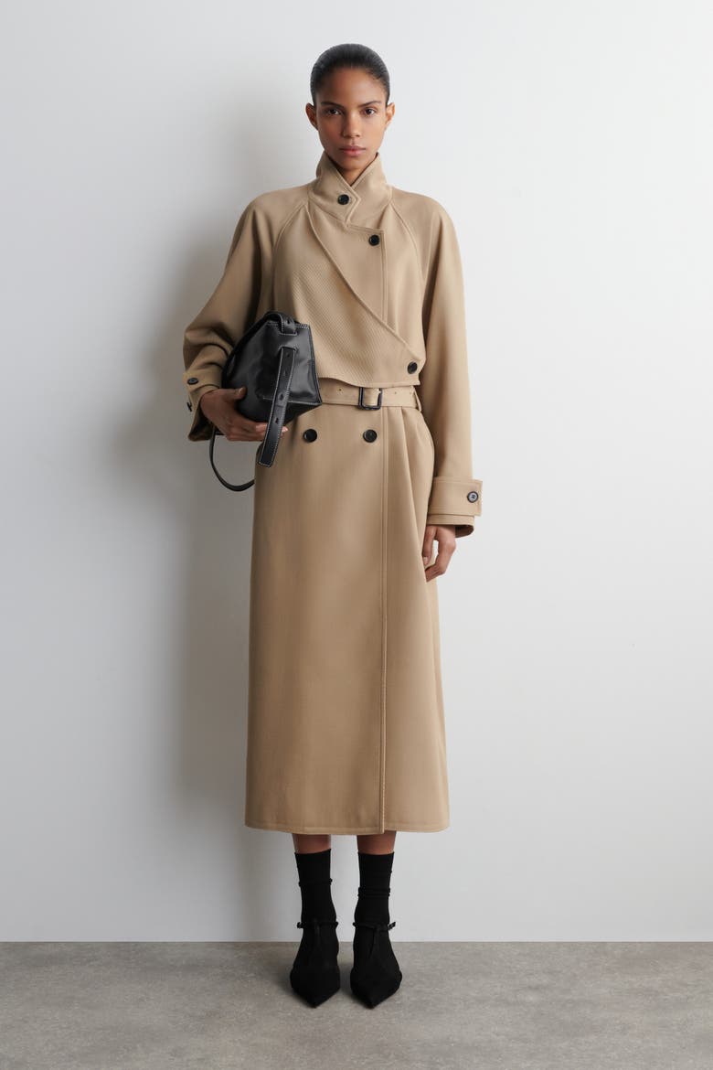 Wrap-Over Wool-Twill Trench Coat, Main, color, BEIGE