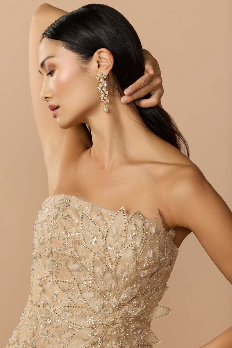 Petite Strapless Embellished Lace Gown with 3D Flower, Alternate, color, Gold