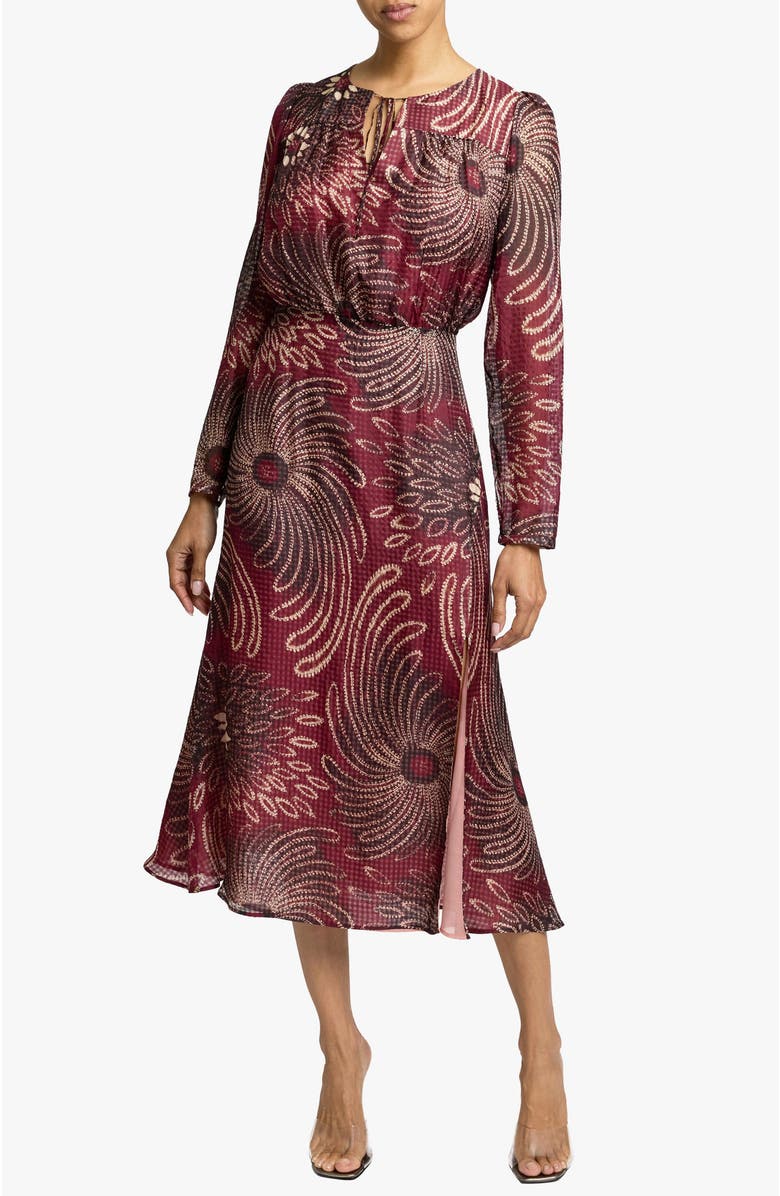 Santorelli TESSA Long Sleeve Midi Fit and Flare Dress in Gingham Floral Silk Print, Main, color, Cherry Cola