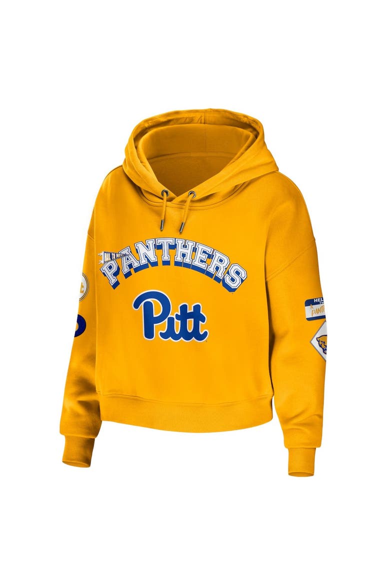 Women's WEAR by Erin Andrews Gold Pitt Panthers Mixed Media Cropped Pullover Hoodie, Alternate, color, Gold