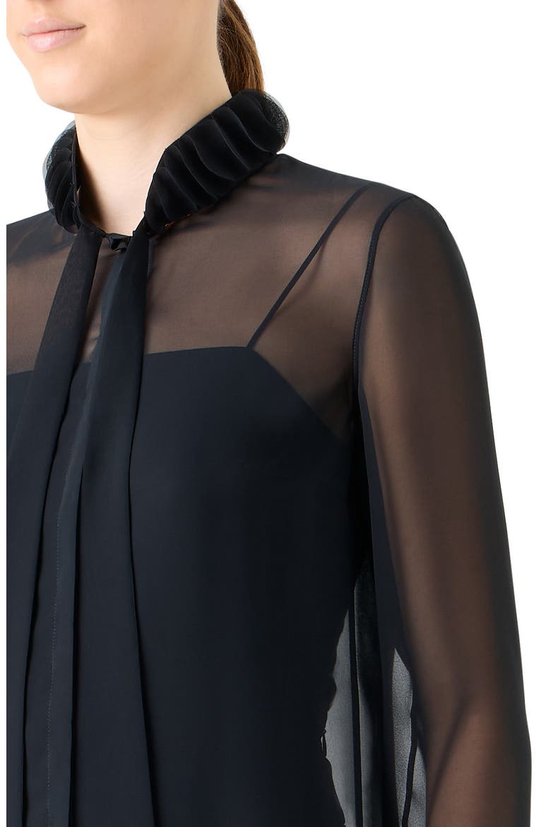 Ruffle Mock Neck Sheer Button-Up Shirt, Alternate, color, BLACK