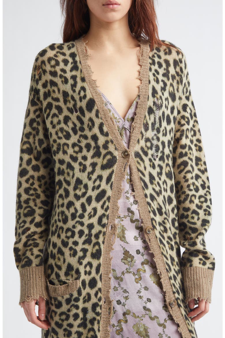 Distressed Leopard Print Long Cashmere Cardigan, Alternate, color, LIGHT BROWN LEOPARD