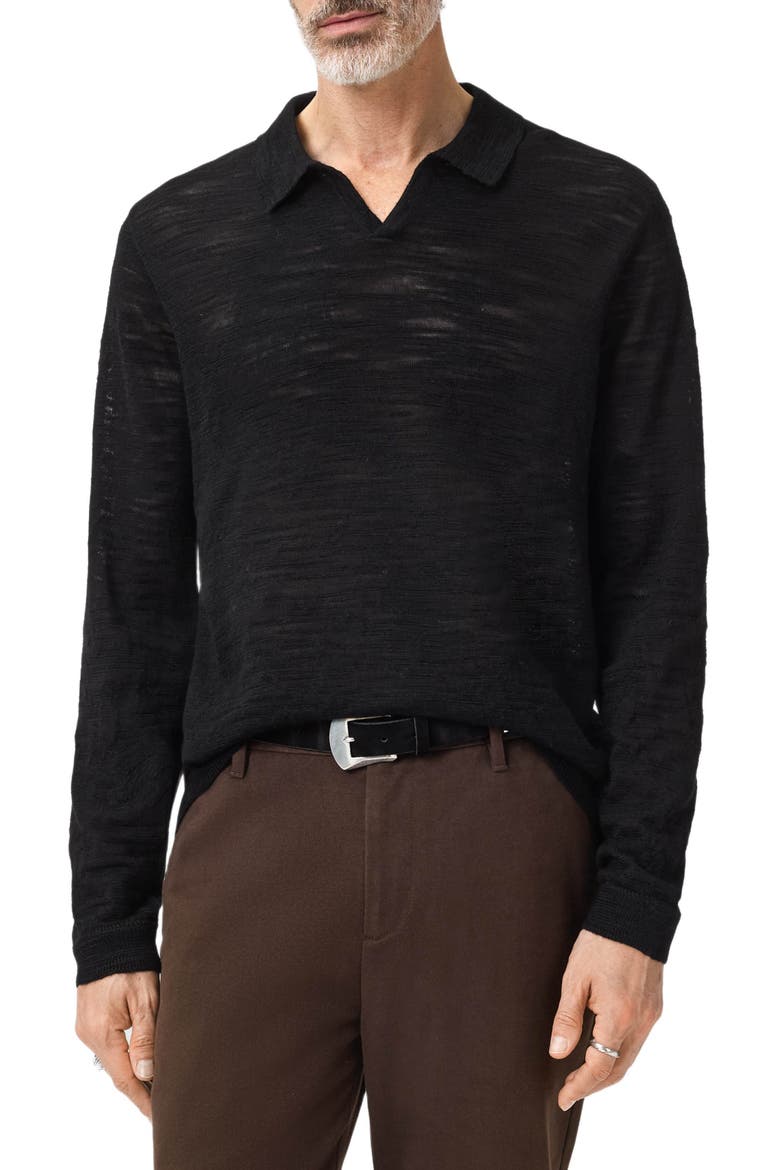 Luciano Long Sleeve Johnny Collar Slub Wool Polo Sweater, Main, color, BLACK