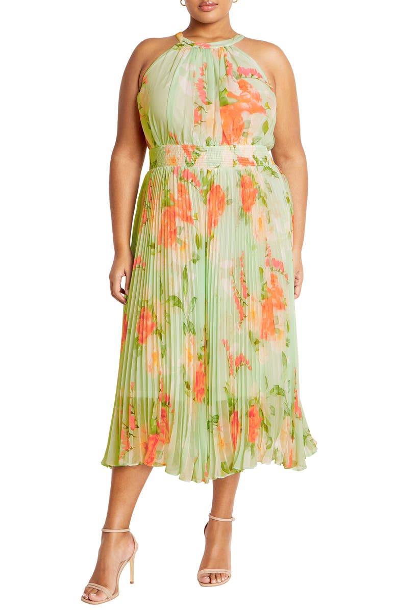 City Chic Sabine Floral Print Halter Neck Pleated Chiffon Midi Dress, Main, color,