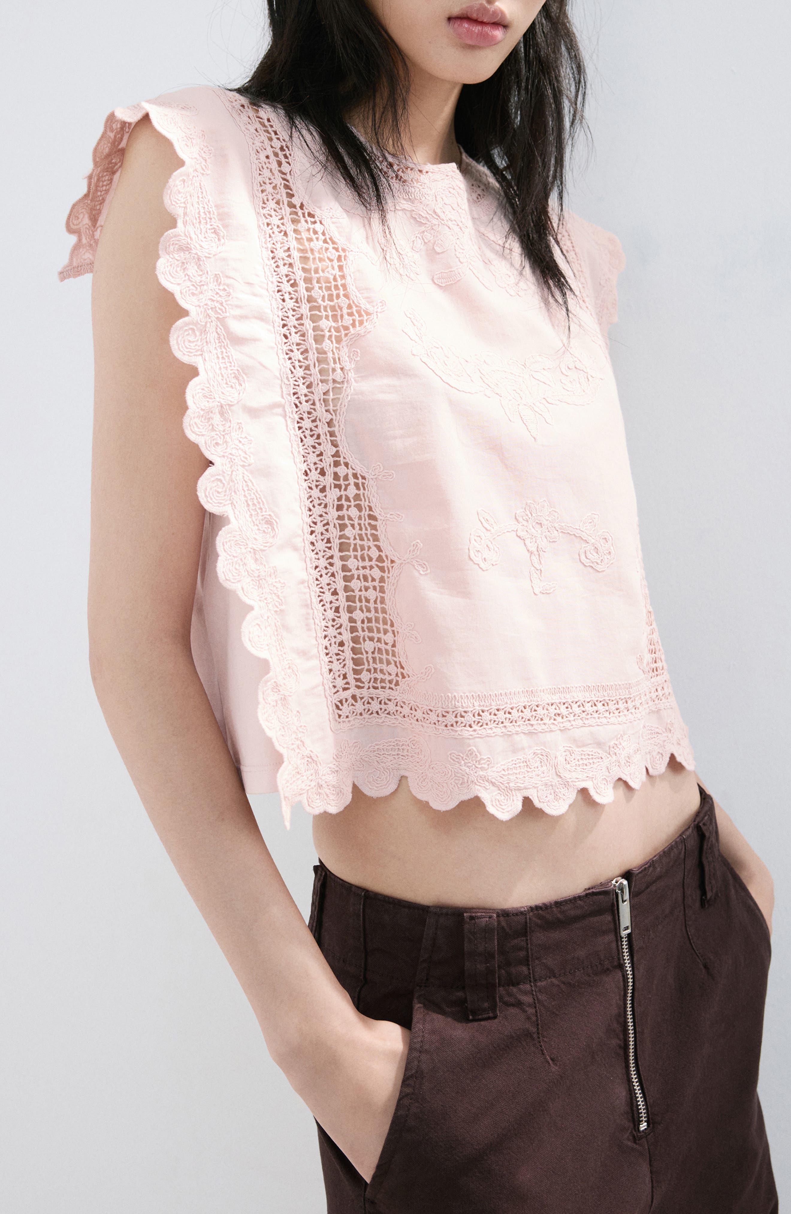 Embroidered Scalloped Trim Crop Cotton Blend Top - image 3