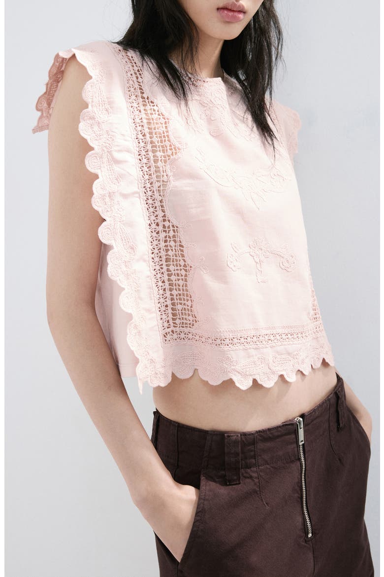 Embroidered Scalloped Trim Crop Cotton Blend Top, Main, color, PASTEL PINK