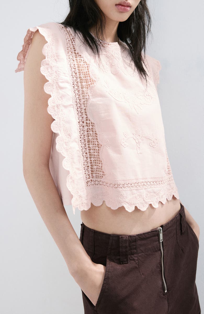 MANGO Embroidered Scalloped Trim Crop Cotton Blend Top, Main, color, Pastel Pink