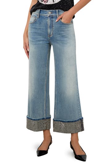 Alice And Olivia Weezy Embellished-cuff Jeans In Sierra Light Blue