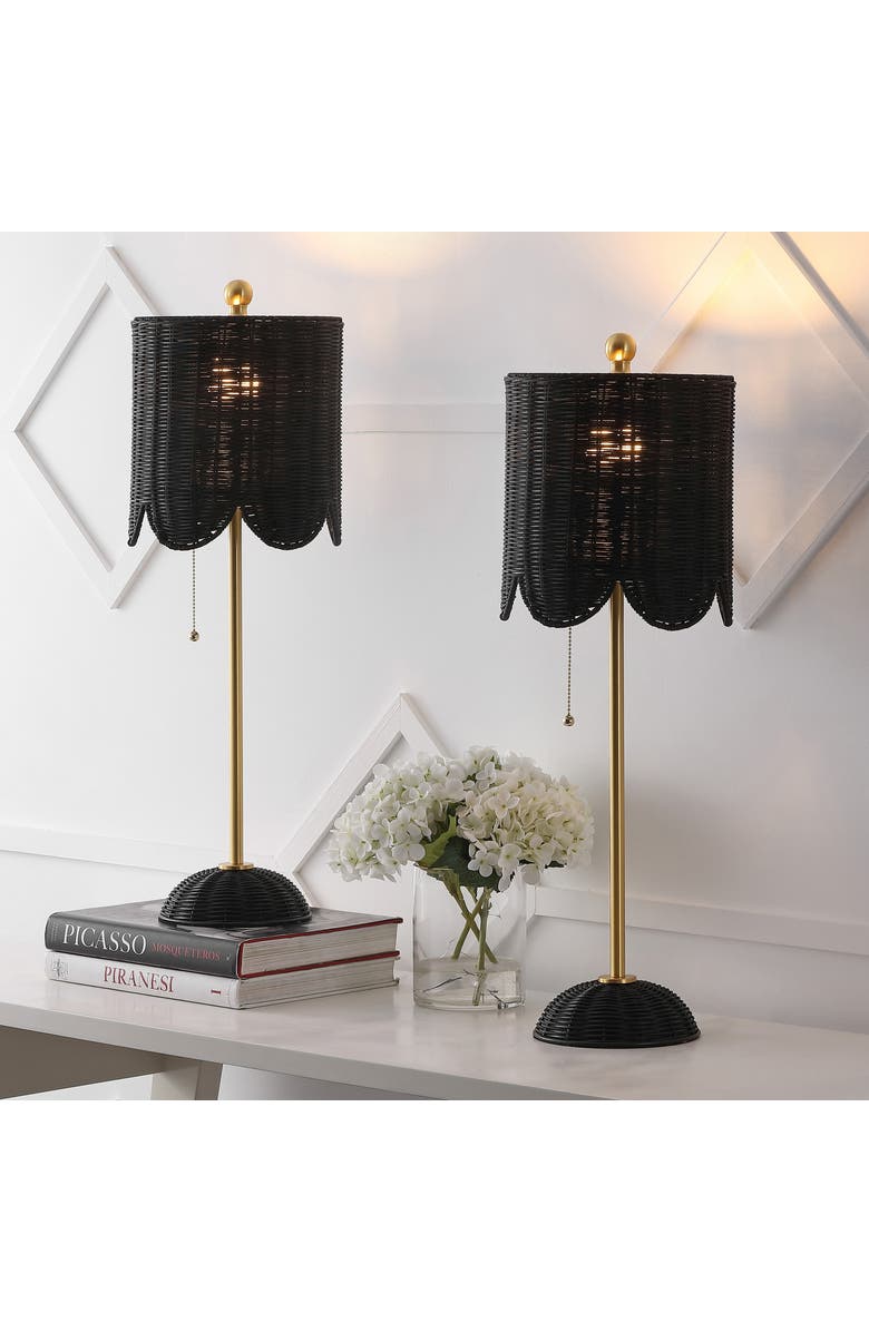 JONATHAN Y Celerie 27.5" Coastal Bohemian Rattan/Iron Scalloped Buffet LED Table Lamp with Pull Chain, Alternate, color, Black/Brass Gold