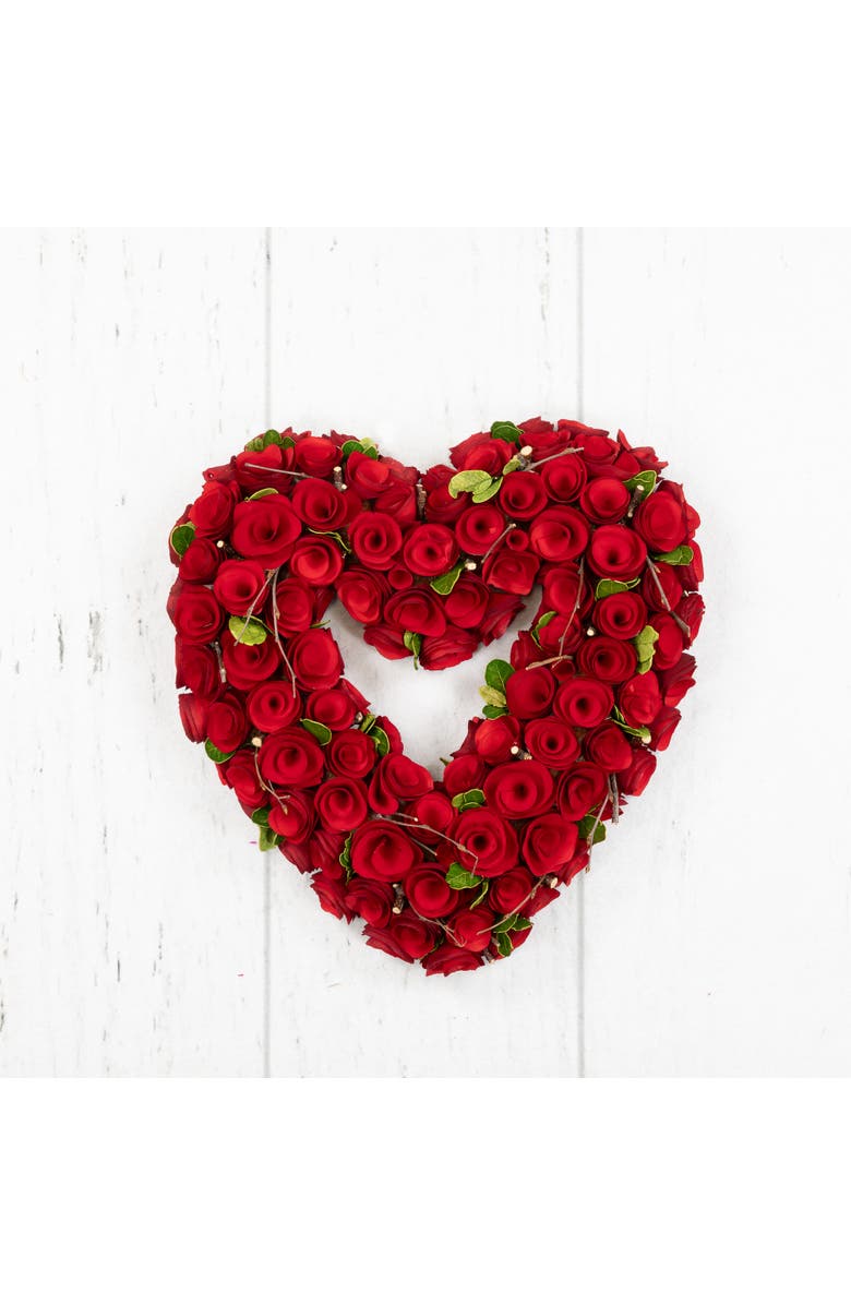 Northlight Wooden Roses Floral Artificial Valentine's Day Heart Wreath - 13.5" - Red, Alternate, color, Red