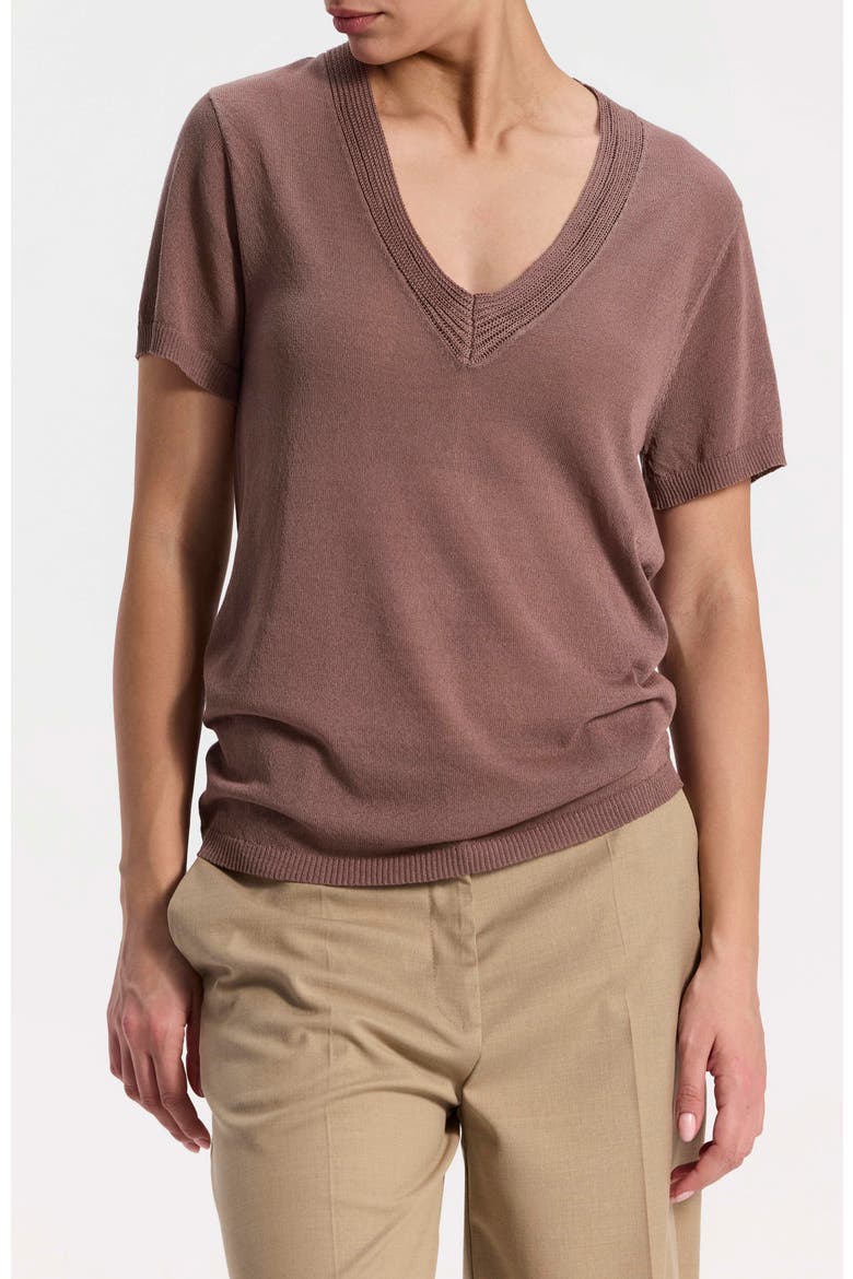 Short-Sleeve Knit Top with V-Neck, Main, color, Light Brown