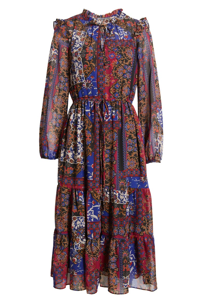 Floral Print Long Sleeve Drawstring Waist Midi Dress, Alternate, color, BLACK MULTI