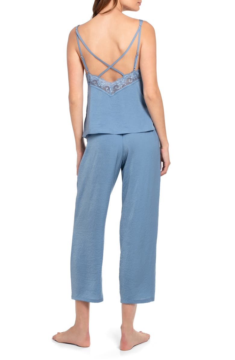 In Bloom by Jonquil June Lace Trim Strappy Crop Satin Pajamas, Alternate, color, Denim