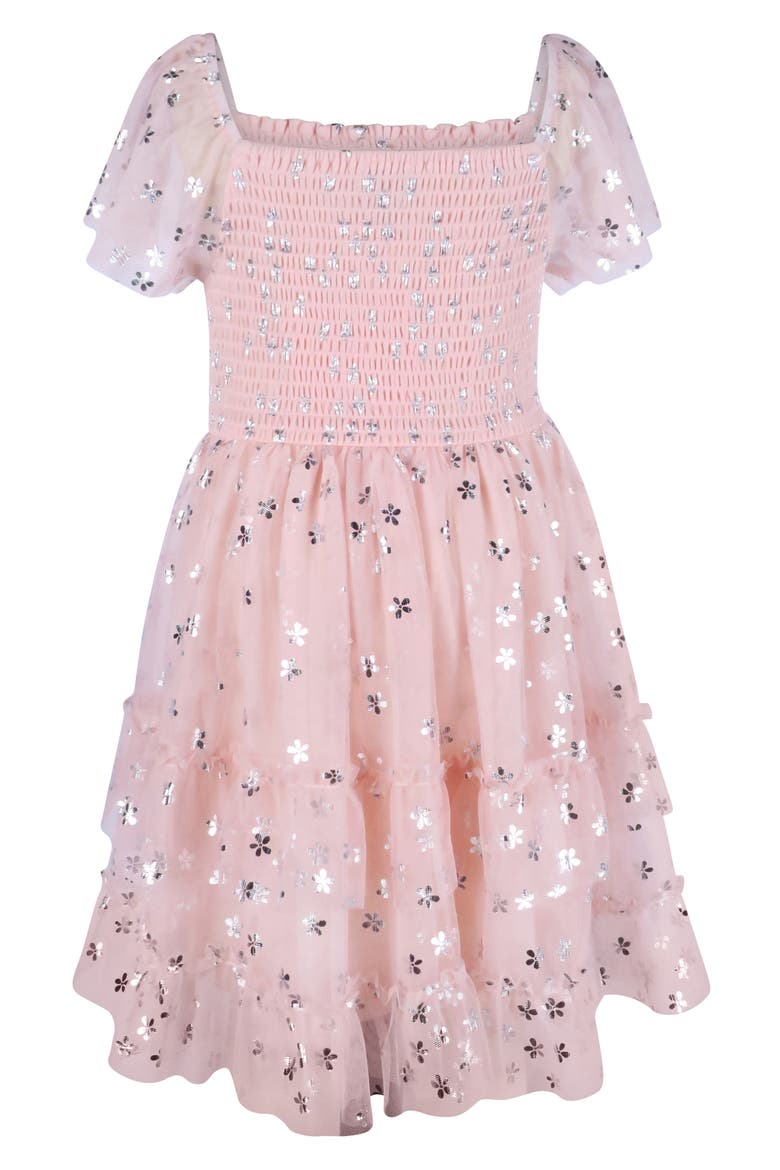 Kids' Foil Print Puff Sleeve Smocked Bodice Dress, Main, color, BLUSH