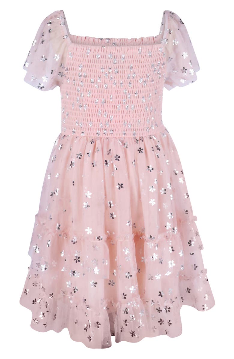 Zunie Kids' Foil Print Puff Sleeve Smocked Bodice Dress, Main, color, Blush