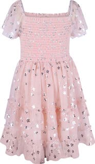 Zunie Kids' Foil Print Puff Sleeve Smocked Bodice Dress