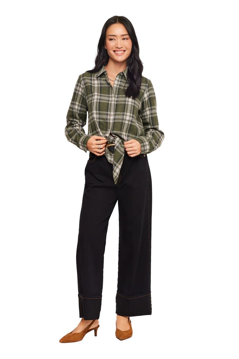 Plaid Tie Front Flannel Shirt, Alternate, color, FOREST GREEN