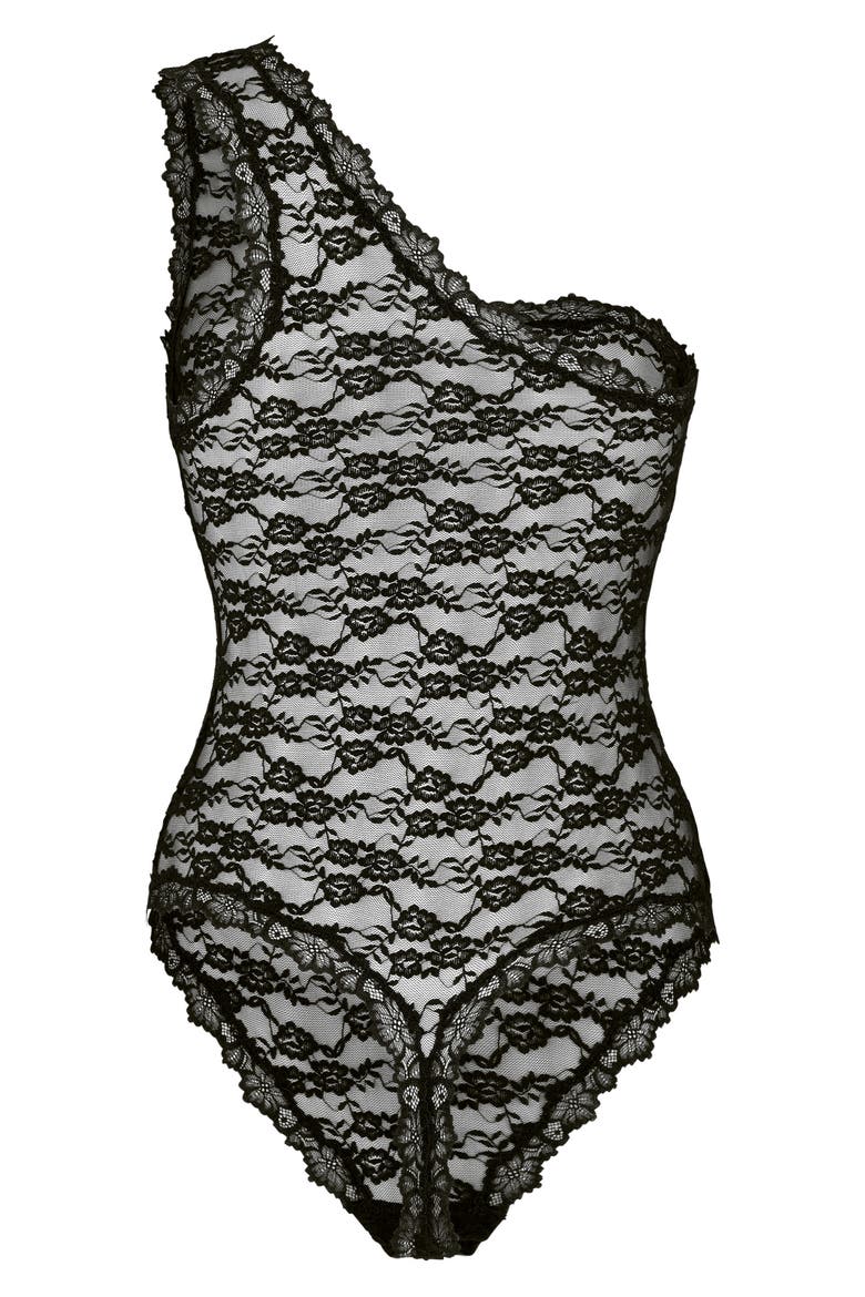 Aveline One-Shoulder Lace Bodysuit, Alternate, color, CAVIAR