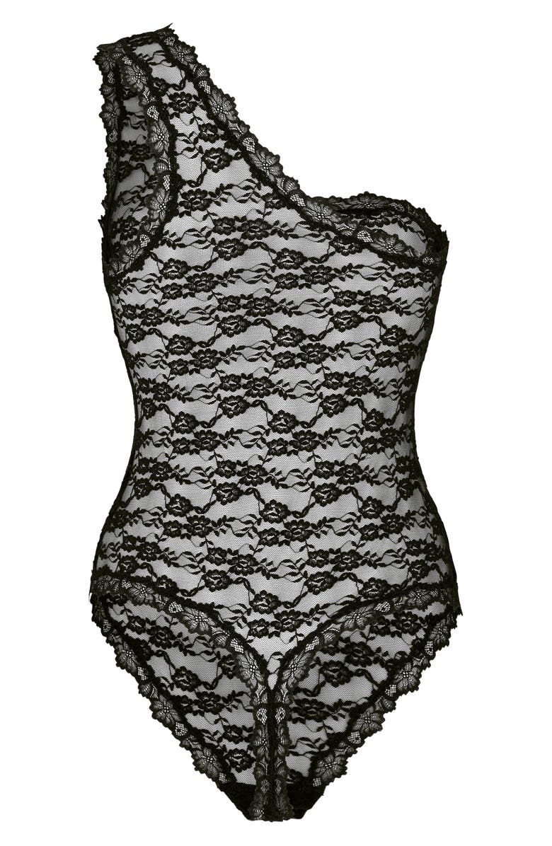 Hunkemöller Aveline One-Shoulder Lace Bodysuit, Alternate, color, Caviar