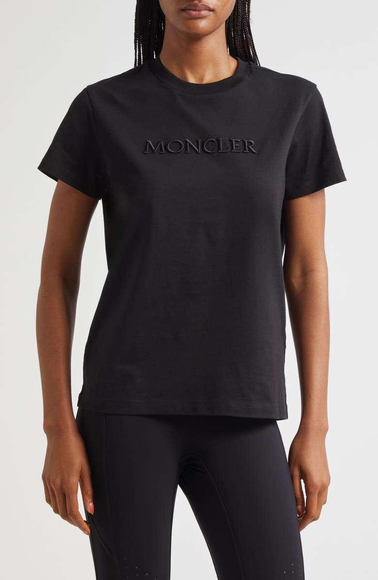 Moncler Logo Embroidered Cotton T-Shirt, Main, color, Black