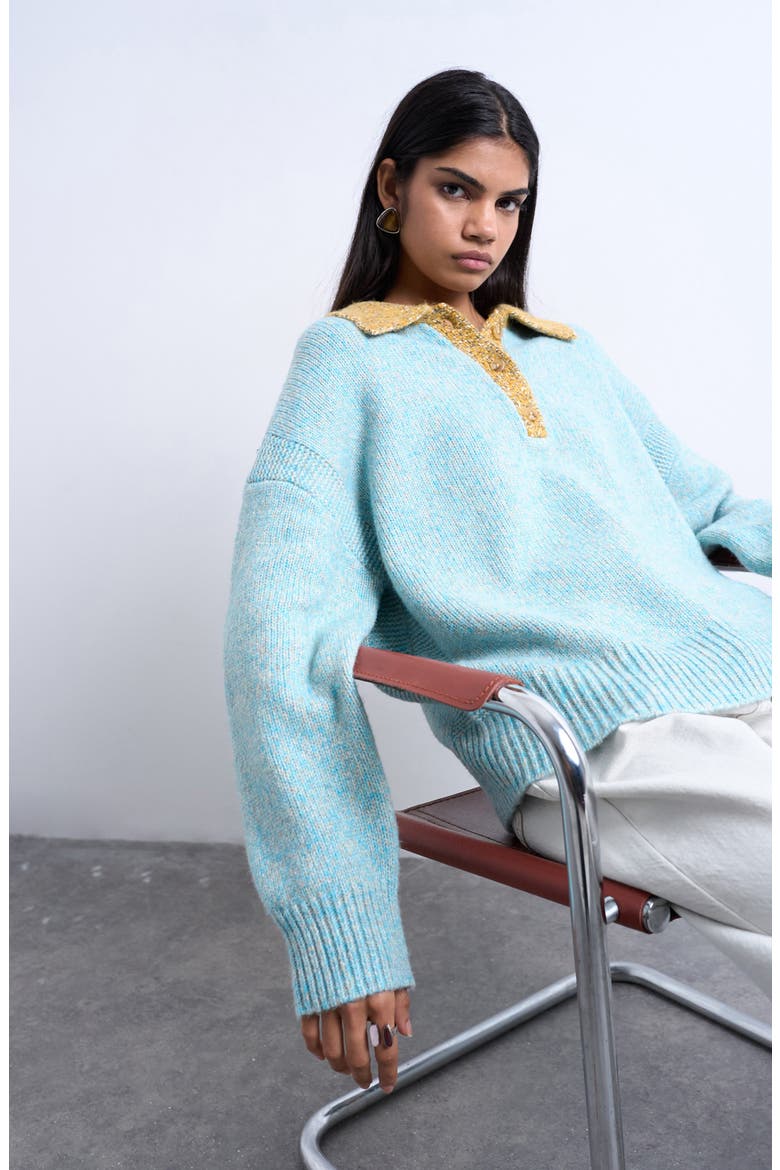 Marled Contrast Johnny Collar Sweater, Alternate, color, MEDIUM BLUE