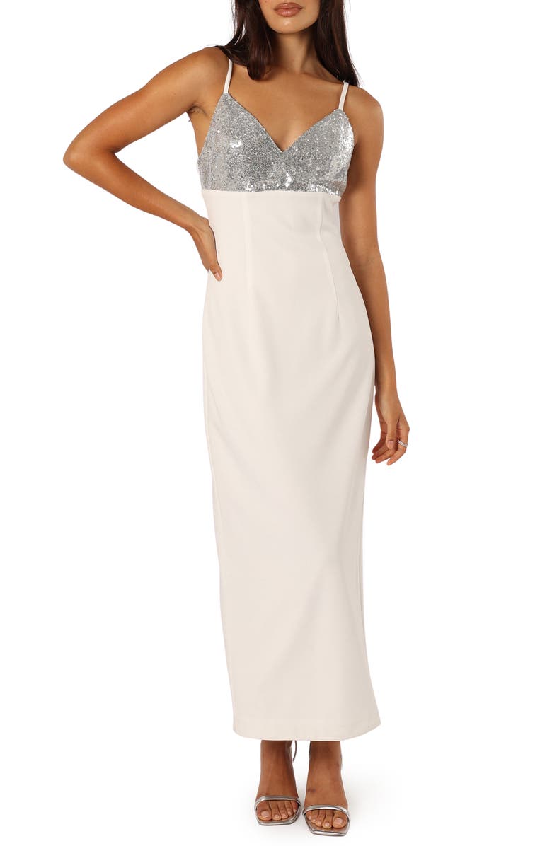 Petal & Pup Kylie Sequin Embellished Empire Waist Column Dress, Main, color, White Silver