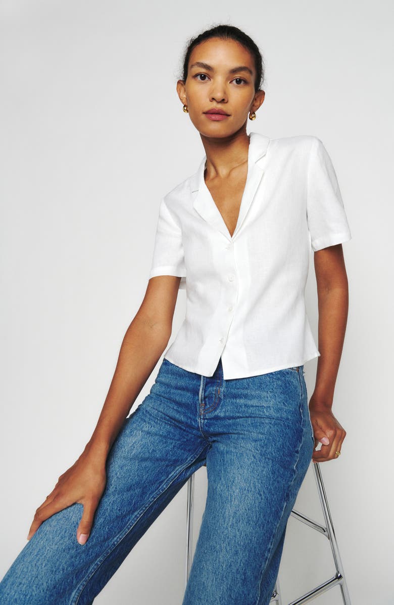 Reformation Short Sleeve Linen Button-Up Shirt, Alternate, color, 