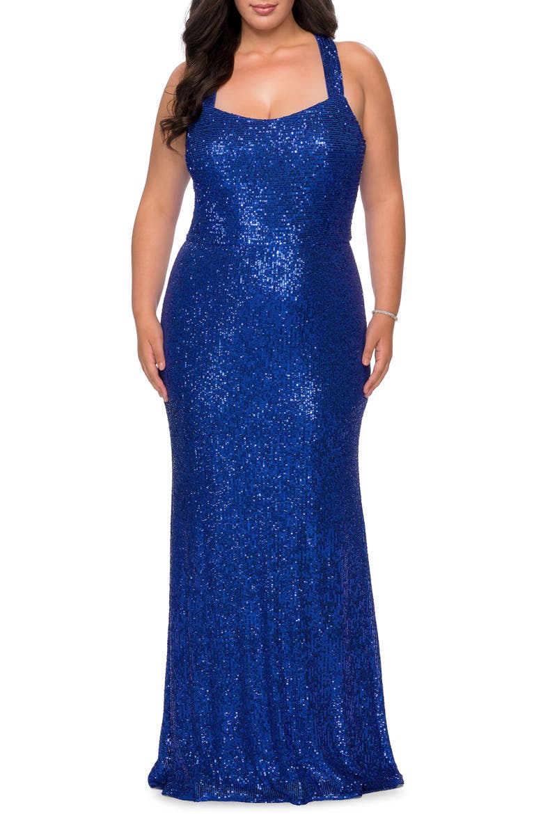 Stretch Lace Plus Size Dress with Criss Cross Back, Main, color, ROYAL BLUE