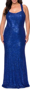La Femme Stretch Lace Plus Size Dress with Criss Cross Back