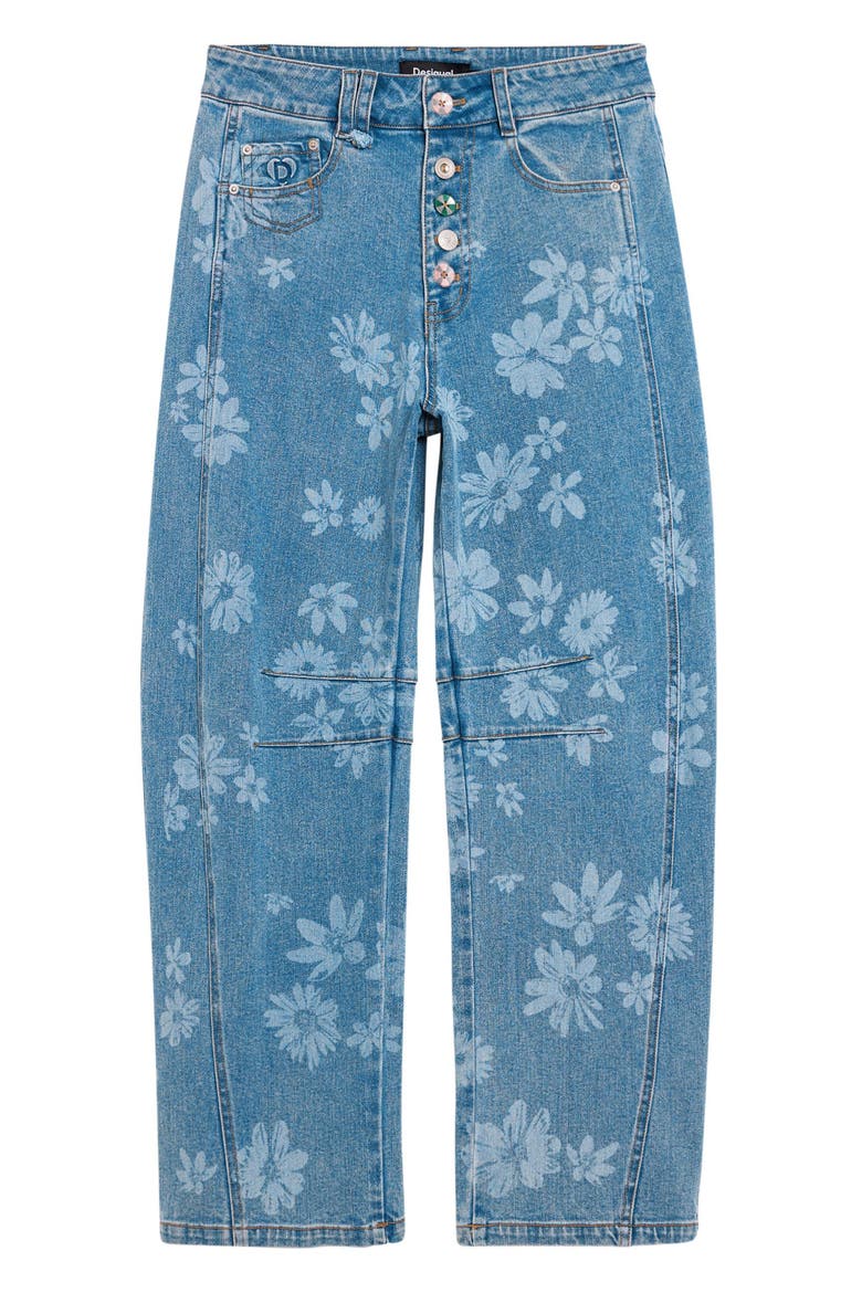 Floral Pattern Straight Leg Jeans, Alternate, color, MEDIUM BLUE