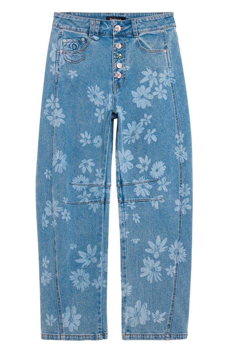 Desigual Floral Pattern Straight Leg Jeans, Alternate, color, Medium Blue