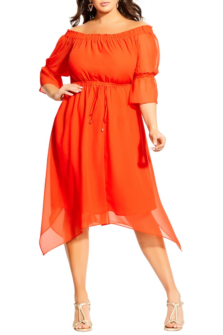 Reflections Off the Shoulder Handkerchief Hem Dress, Main, color, SUNKIST