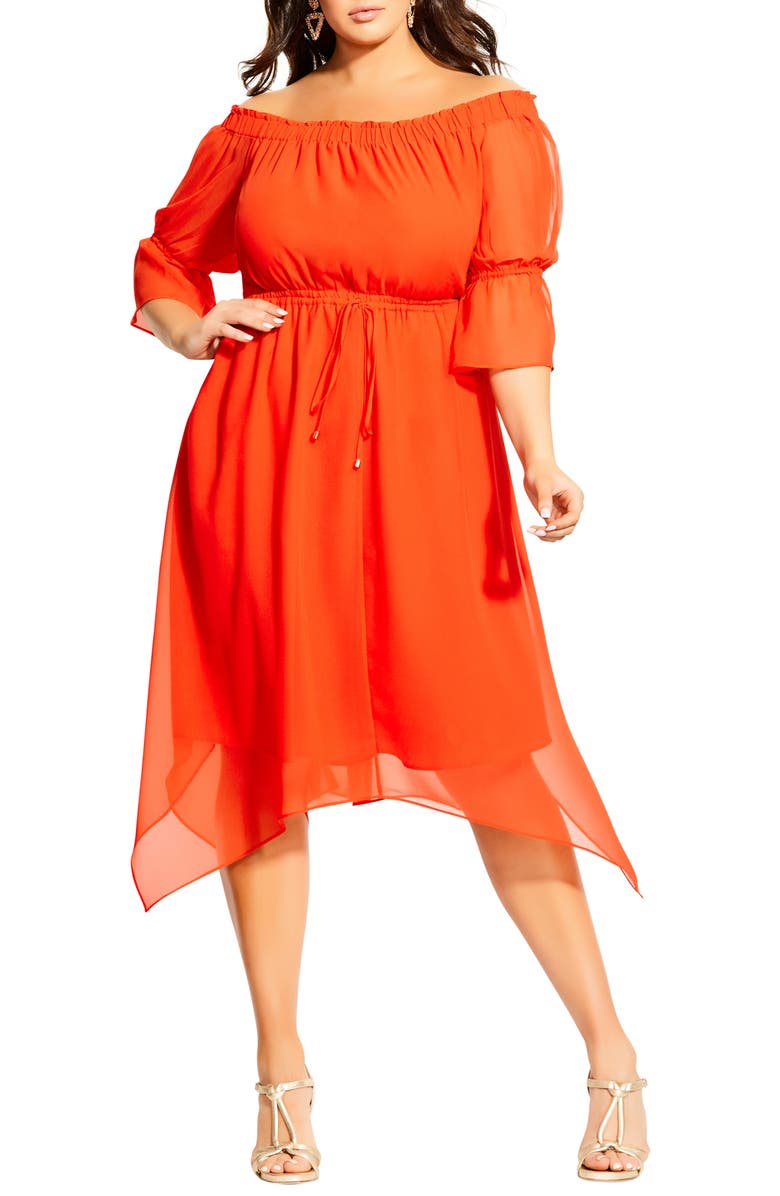 City Chic Reflections Off the Shoulder Handkerchief Hem Dress, Main, color,