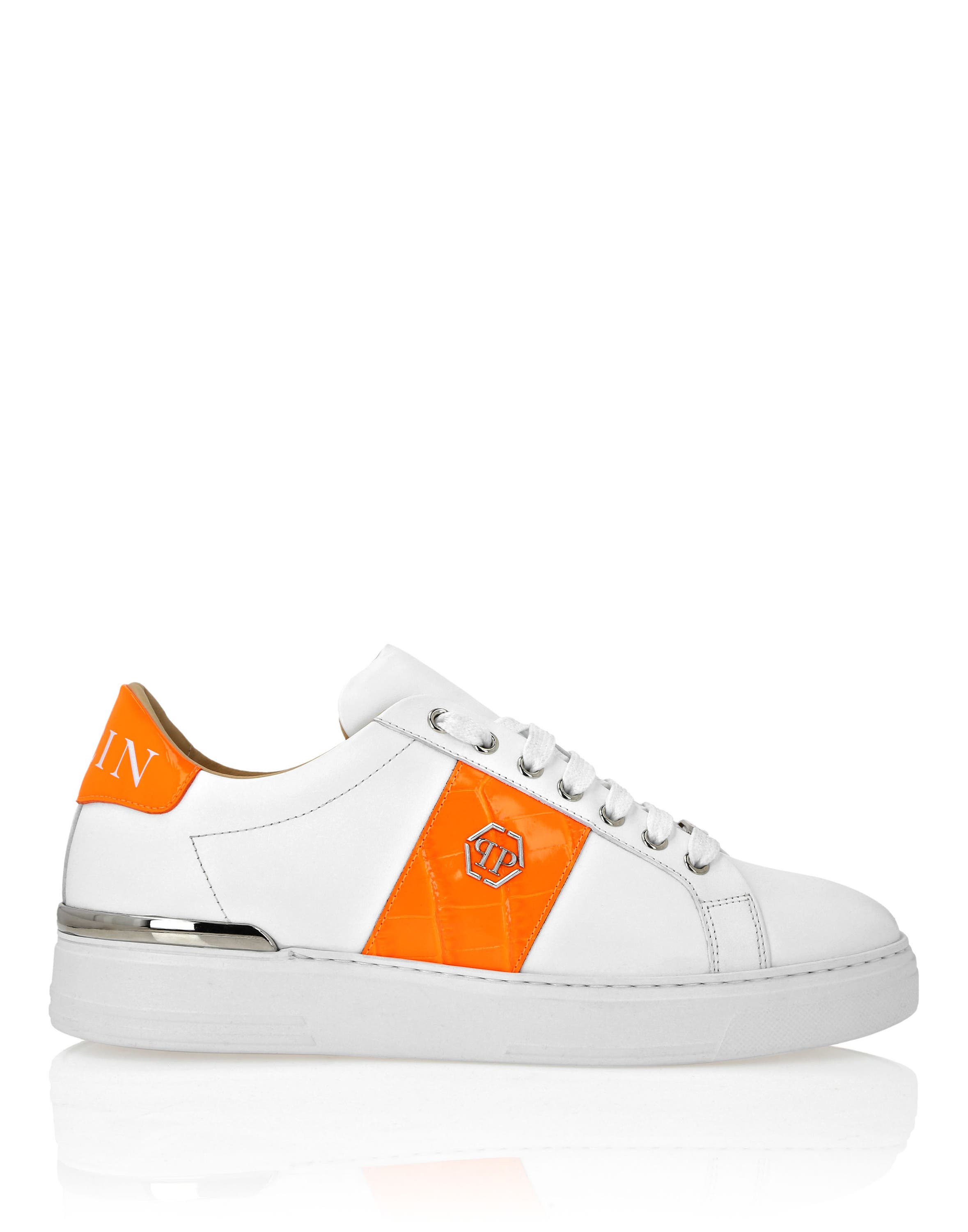 Mix Leather Lo-Top Sneakers Hexagon Unisex, Alternate, color, White/orangefluo