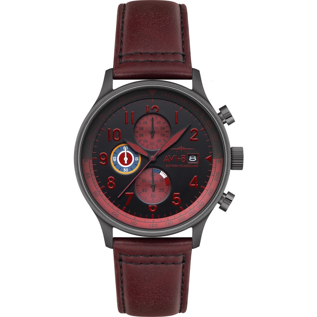 Avi-8 Men's Hawker Hurricane Classic Chronograph Red Leather Strap Watch, 43.5mm In Metallic