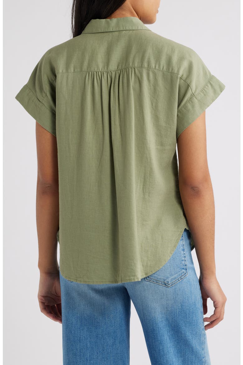 Linen Blend Short Sleeve Button-Up Shirt, Alternate, color, OLIVE ACORN