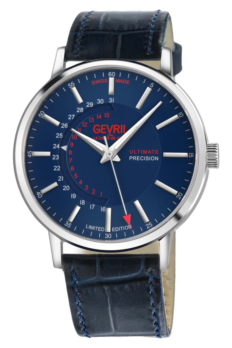 Guggenheim Ultra Thin Automatic Leather Strap Watch, Main, color, BLUE