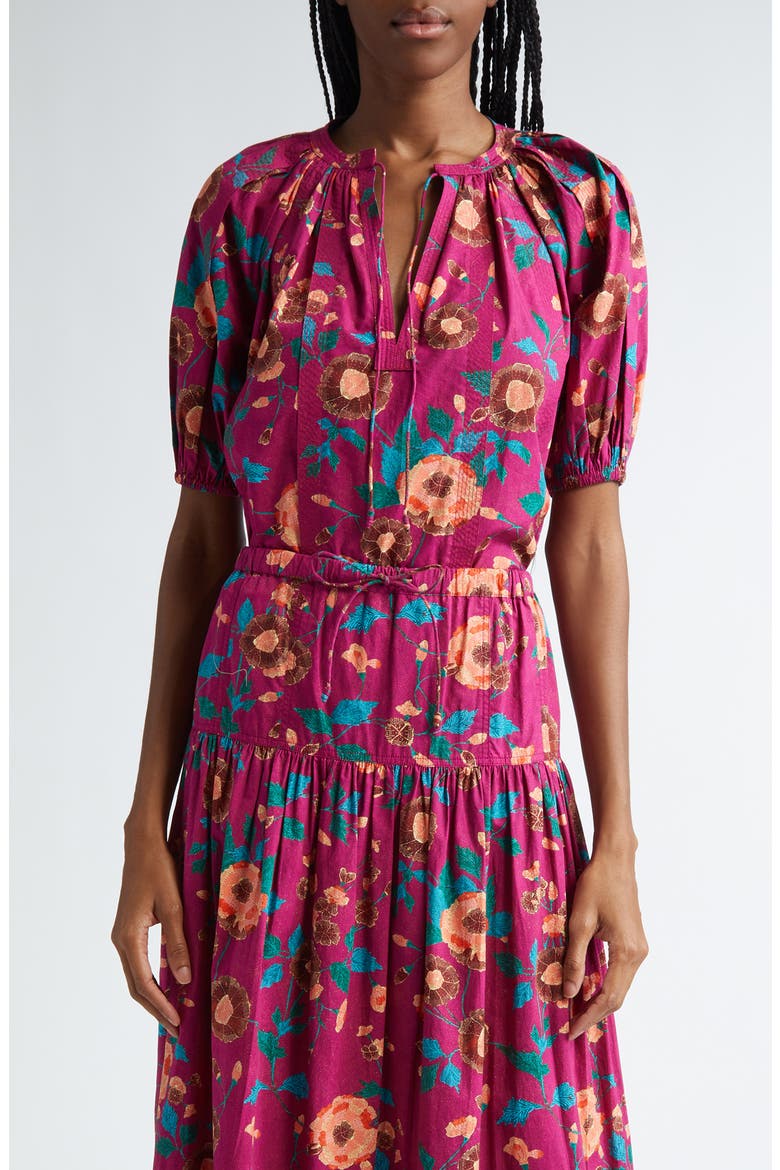 Loli Print Puff Sleeve Split Neck Cotton Top, Main, color, RUBY FLORA