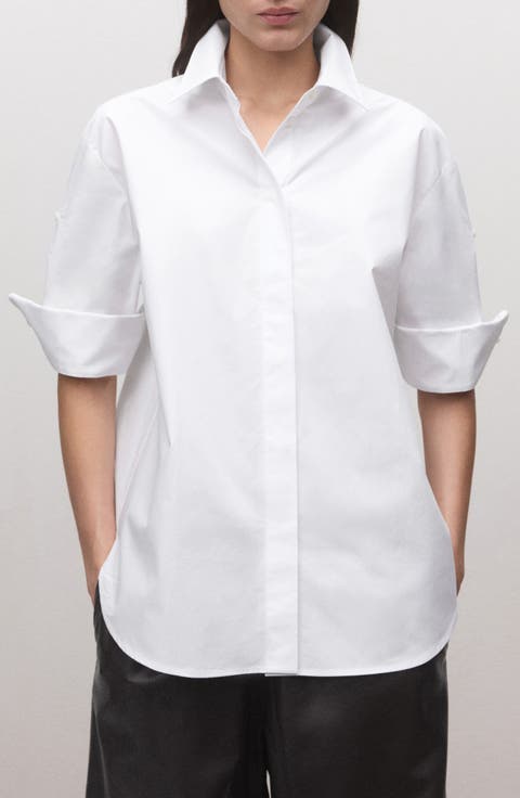 Three-Quarter Sleeve Cotton Button-Front Shirt