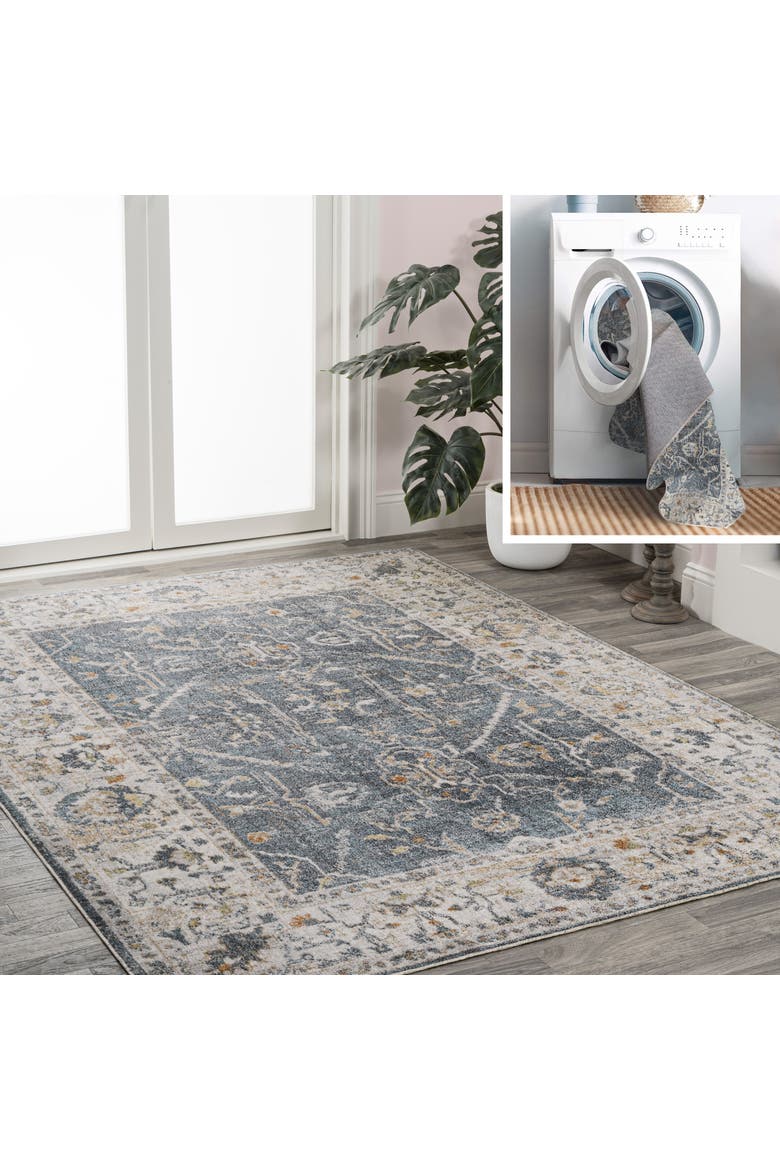 Brandy Rustic Border Low-Pile Machine-Washable Area Rug, Main, color, Dark Gray/Cream