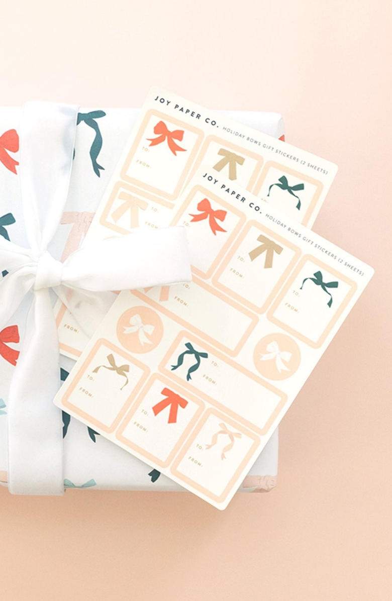 Joy Paper Co. Holiday Bows Gift Sticker Sheets, Alternate, color, Orange / Tan / Green