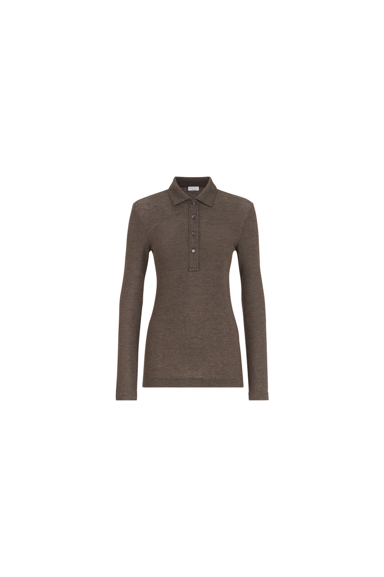 Sparkling virgin wool jersey polo shirt, Alternate, color, Coffee