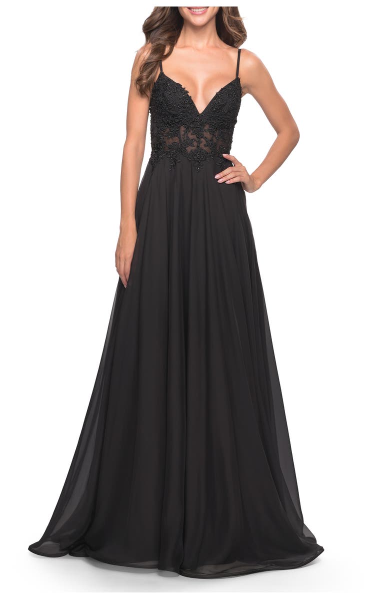 La Femme A-line Gown with Sheer Floral Embellished Bodice in Jewel Tones, Main, color, Black